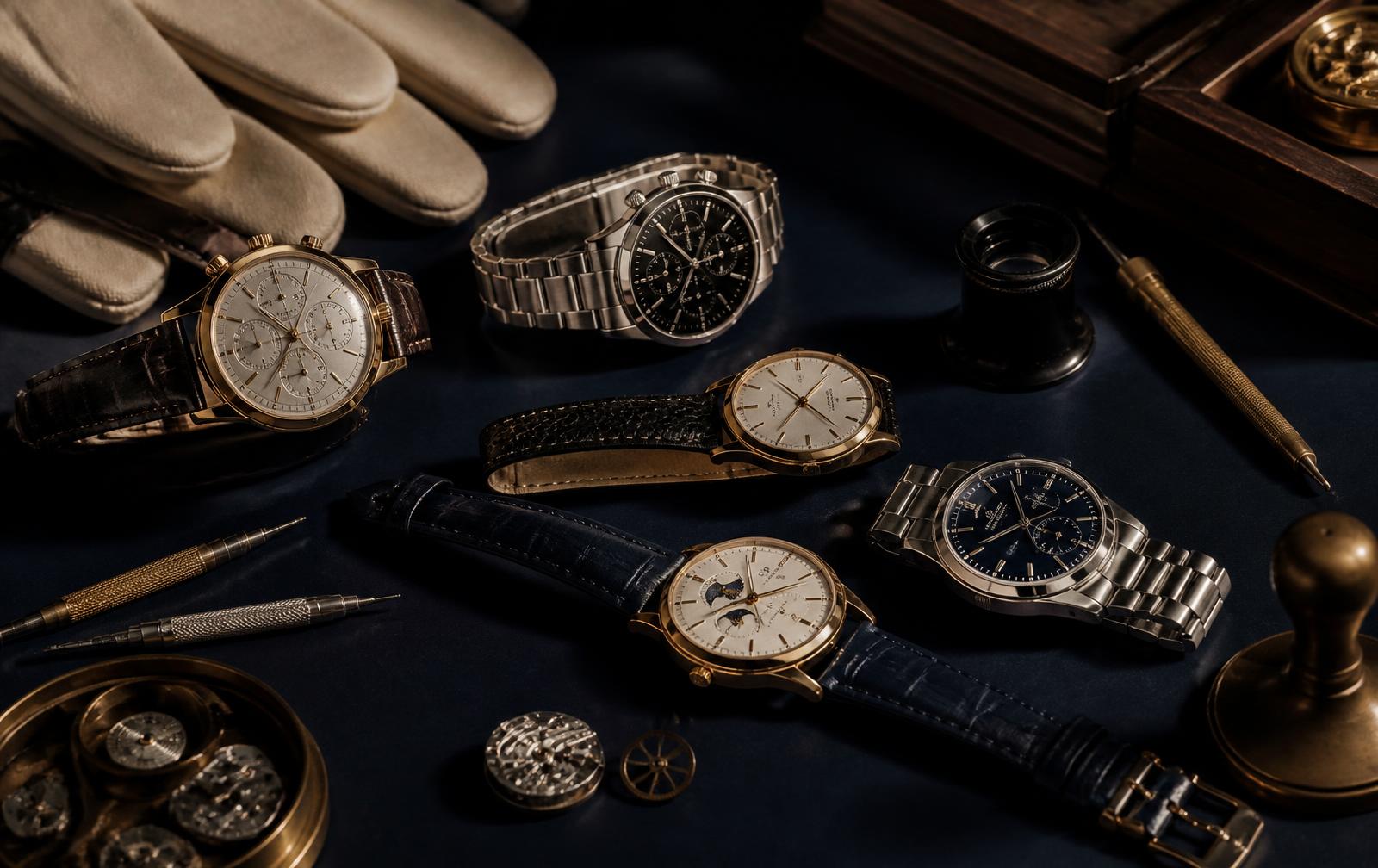 Editorial still life of fine Swiss watches